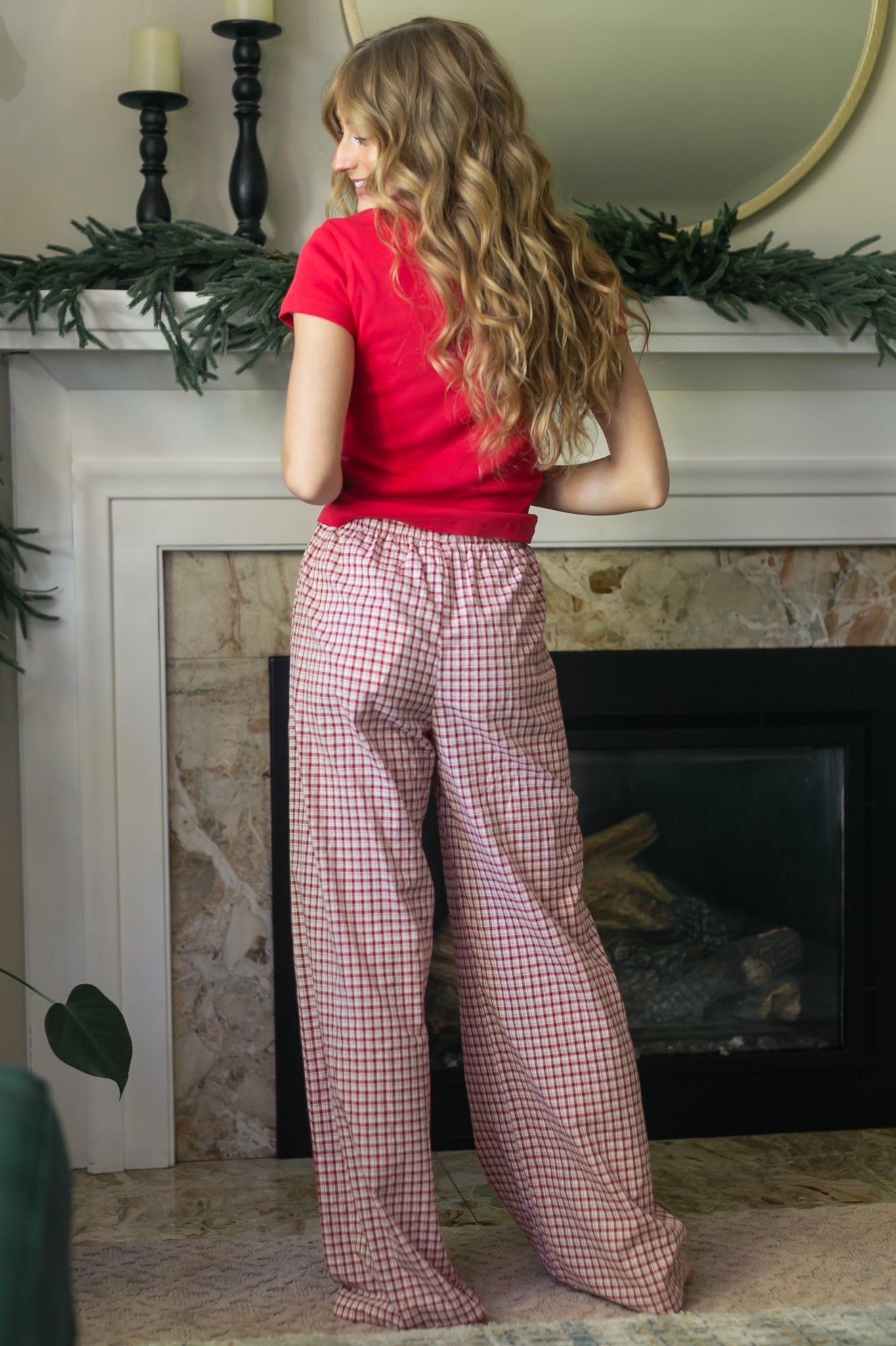 Gingham Elastic Waist Pants FF Pants