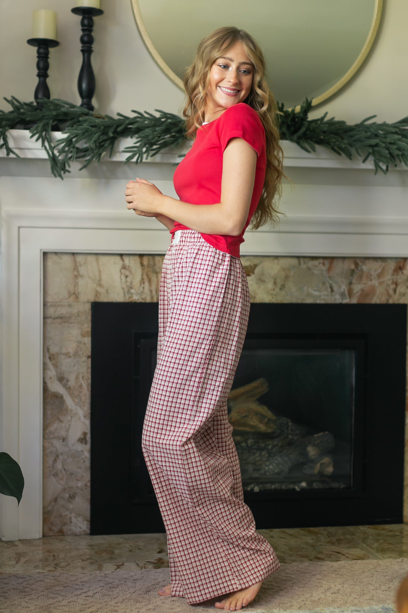 Gingham Elastic Waist Pants FF Pants