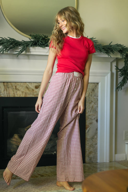 Gingham Elastic Waist Pants FF Pants