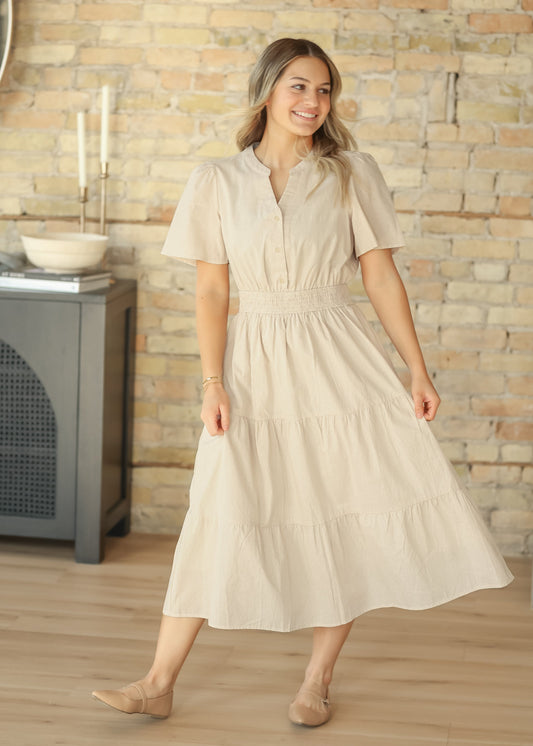 cream colored casual dresses Tan & Floral Print Dress Medium This relaxed shirt Beige Casual Dresses for Women