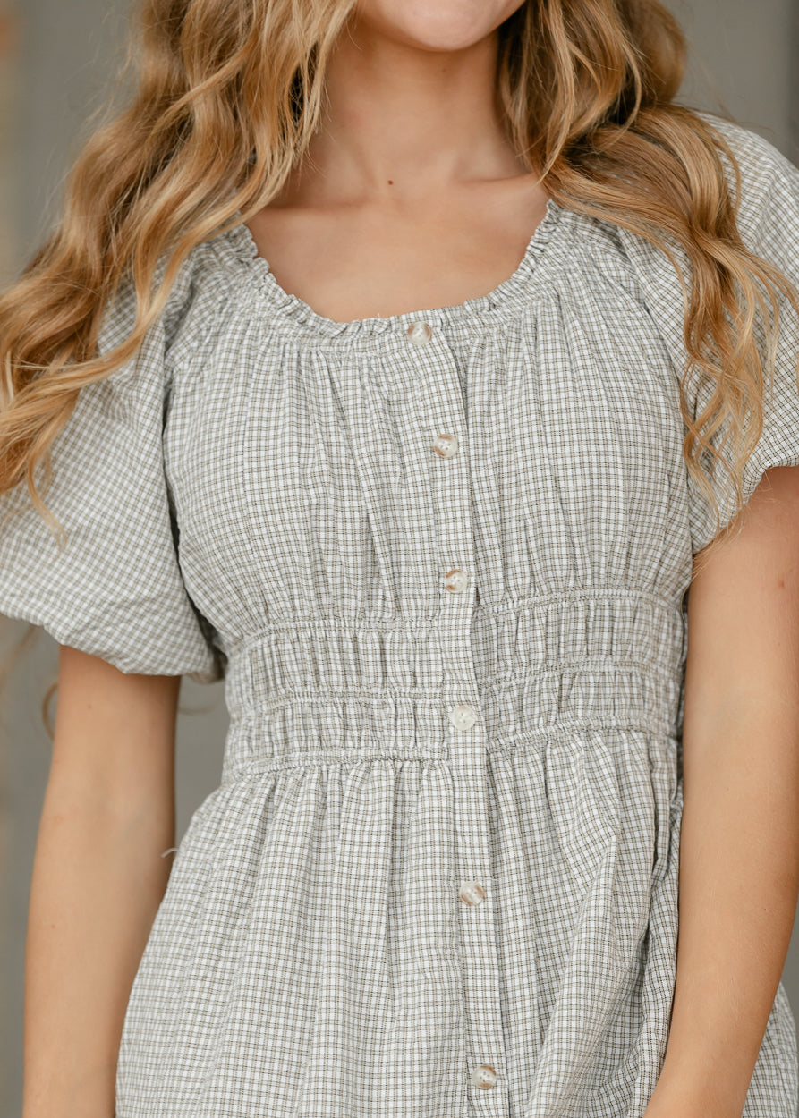 Gingham Print Smocked Waist Midi Dress FF Dresses