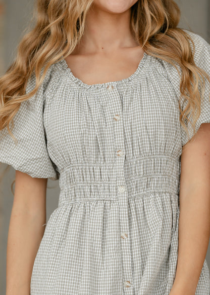 Gingham Print Smocked Waist Midi Dress FF Dresses
