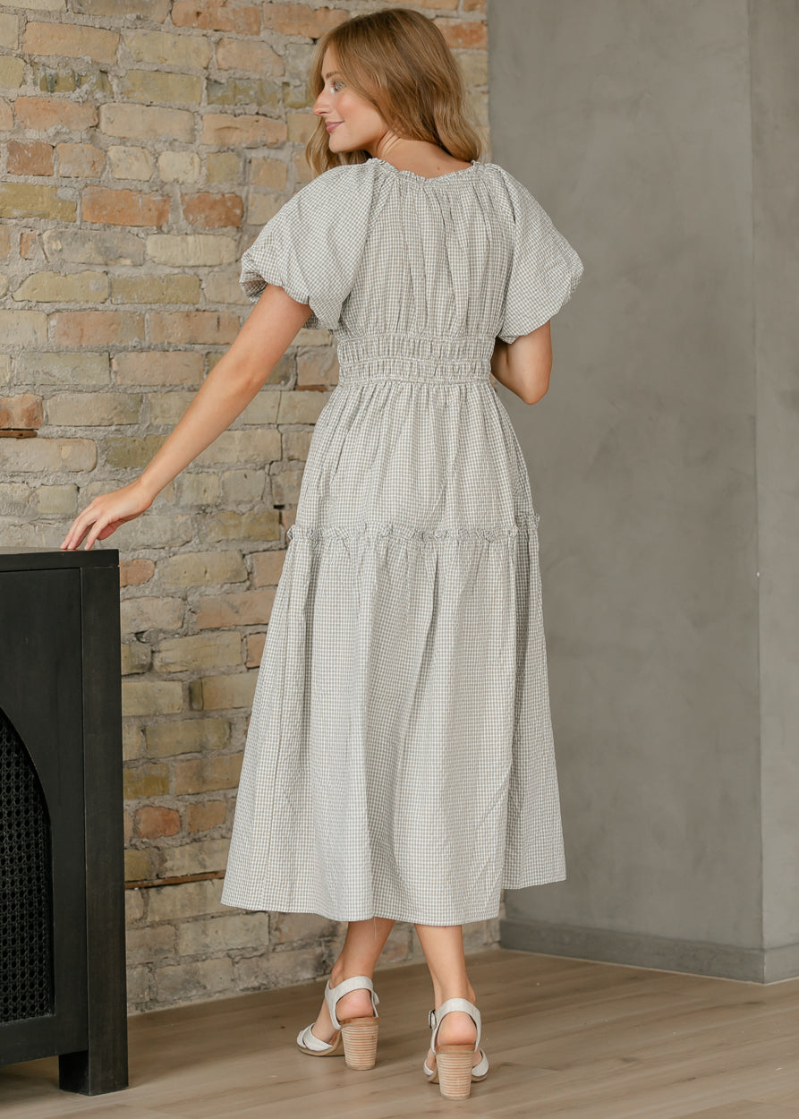 Gingham Print Smocked Waist Midi Dress FF Dresses
