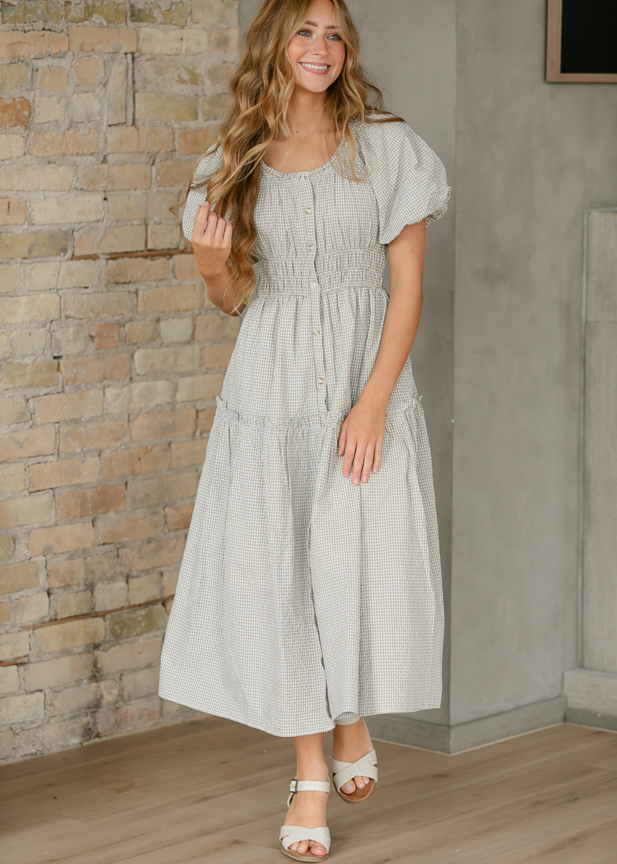Gingham Print Smocked Waist Midi Dress FF Dresses