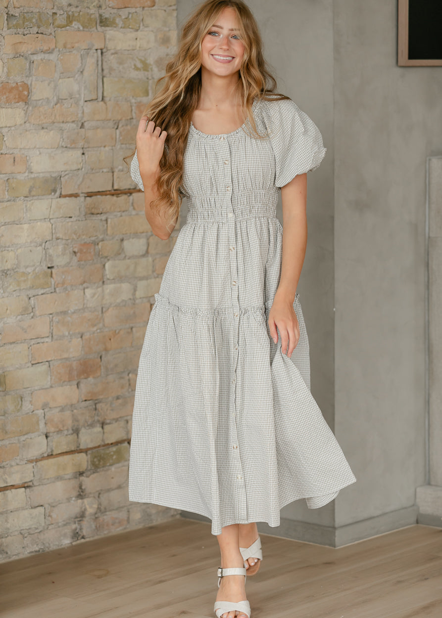 Gingham Print Smocked Waist Midi Dress FF Dresses