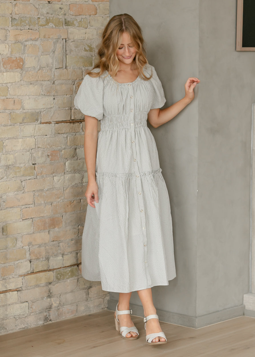 Gingham Print Smocked Waist Midi Dress FF Dresses