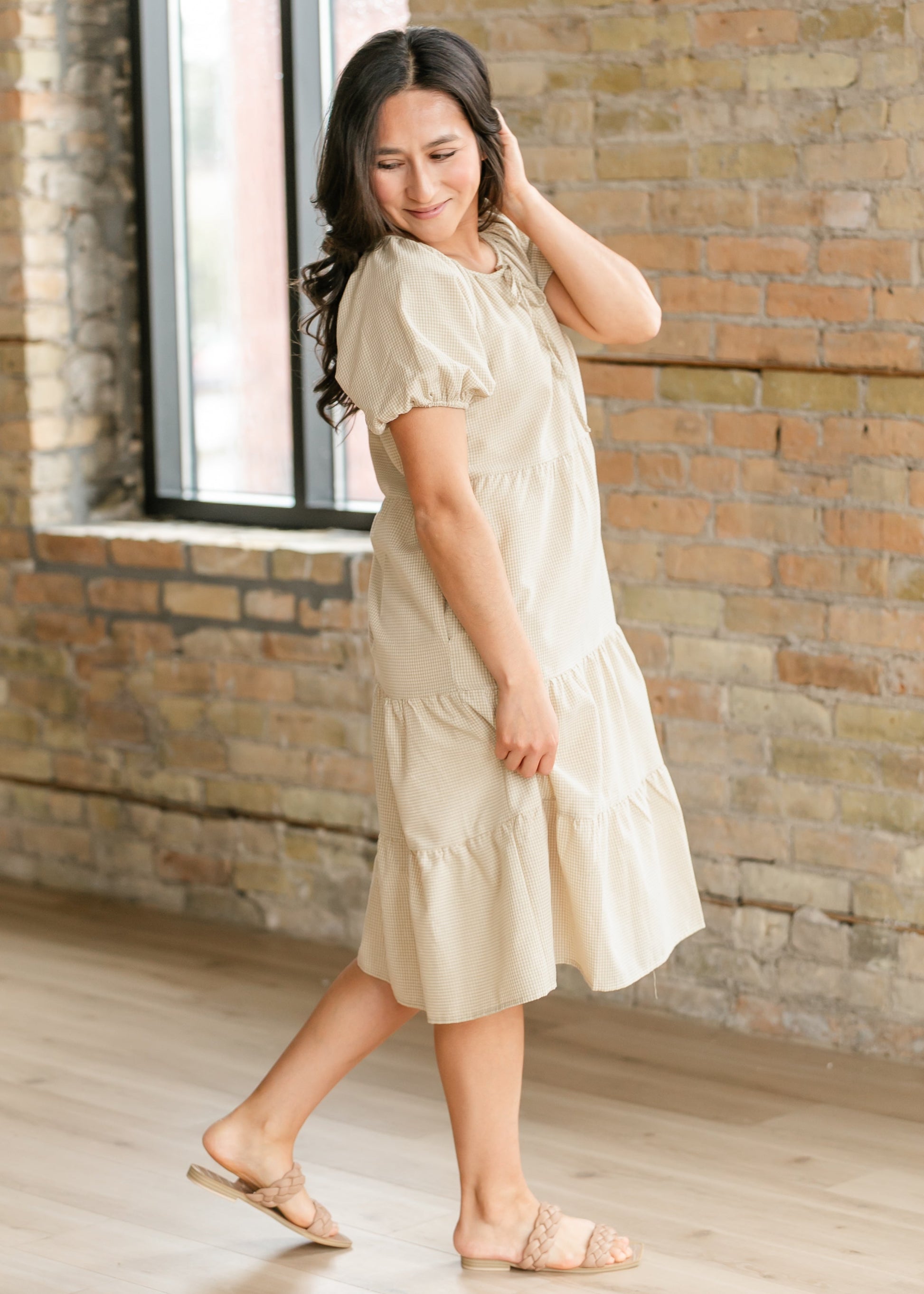 Gingham Short Sleeve Tiered Midi Dress FF Dresses