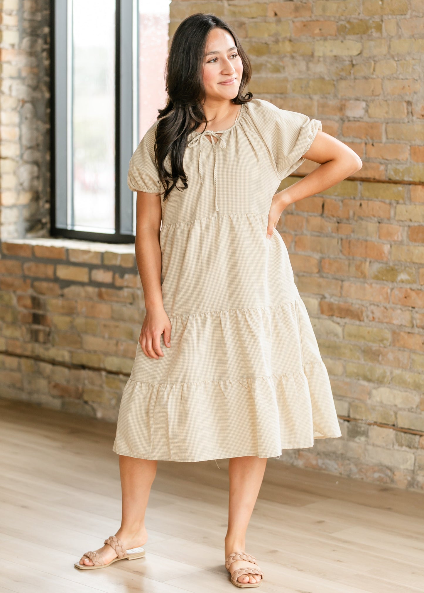 Gingham Short Sleeve Tiered Midi Dress FF Dresses