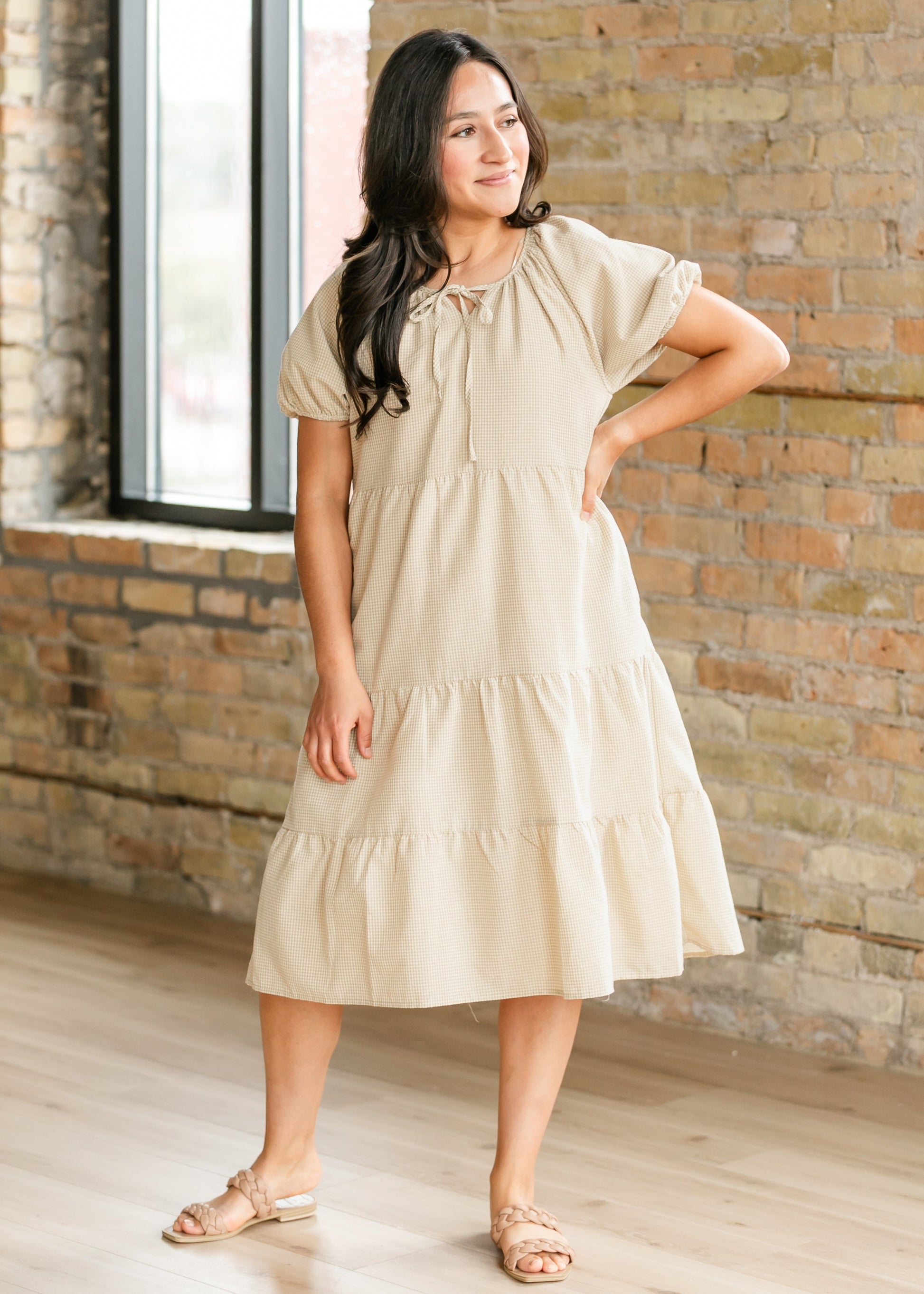 Gingham Short Sleeve Tiered Midi Dress FF Dresses