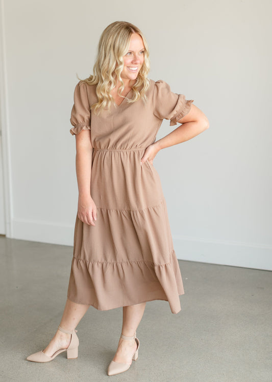Gingham Tiered V-neck Midi Dress FF Dresses