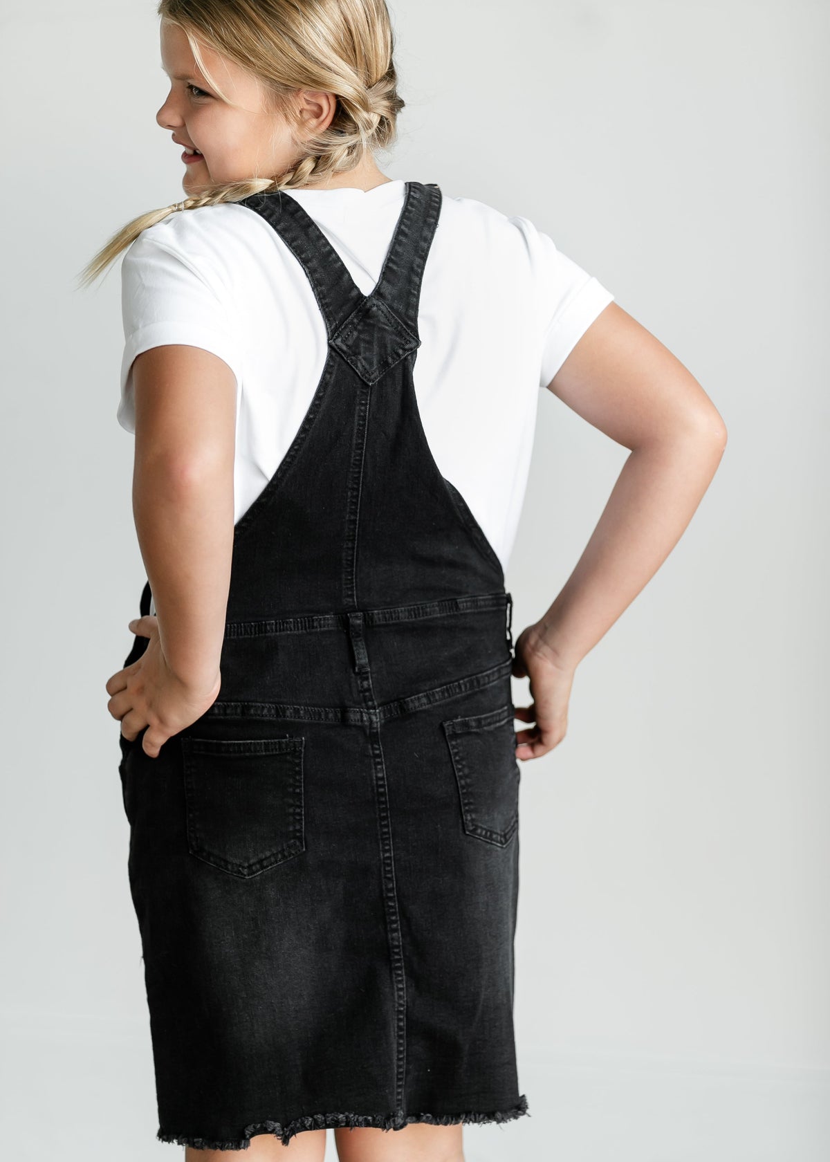 black overall dress womens Girl's Aria Denim Jumper Embellishment_Slit simple timeless style Talisea Plus Size Formal Shoe size:12