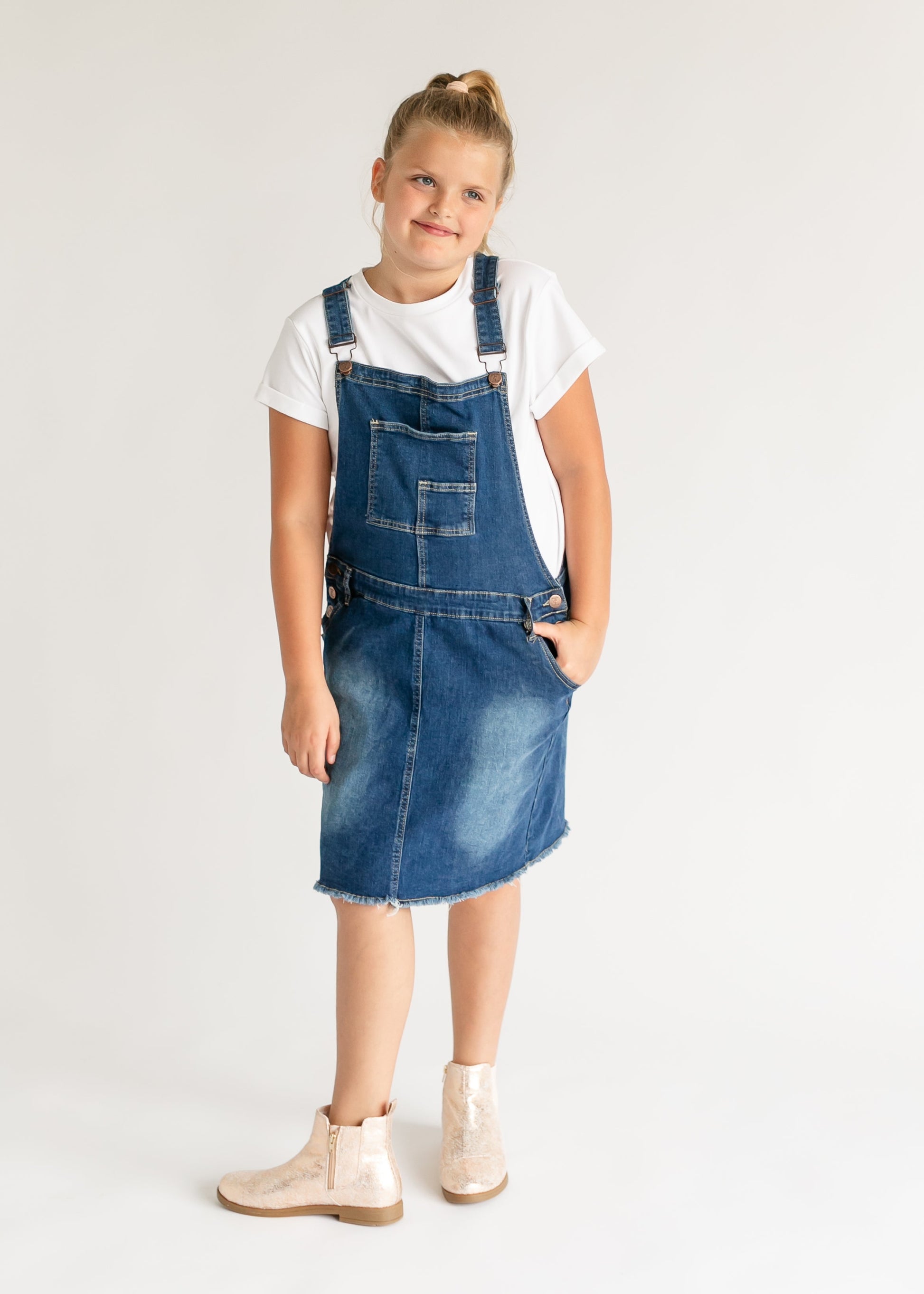 Girl's Aria Denim Overall Jumper Dress IC Girls Medium Wash / XS