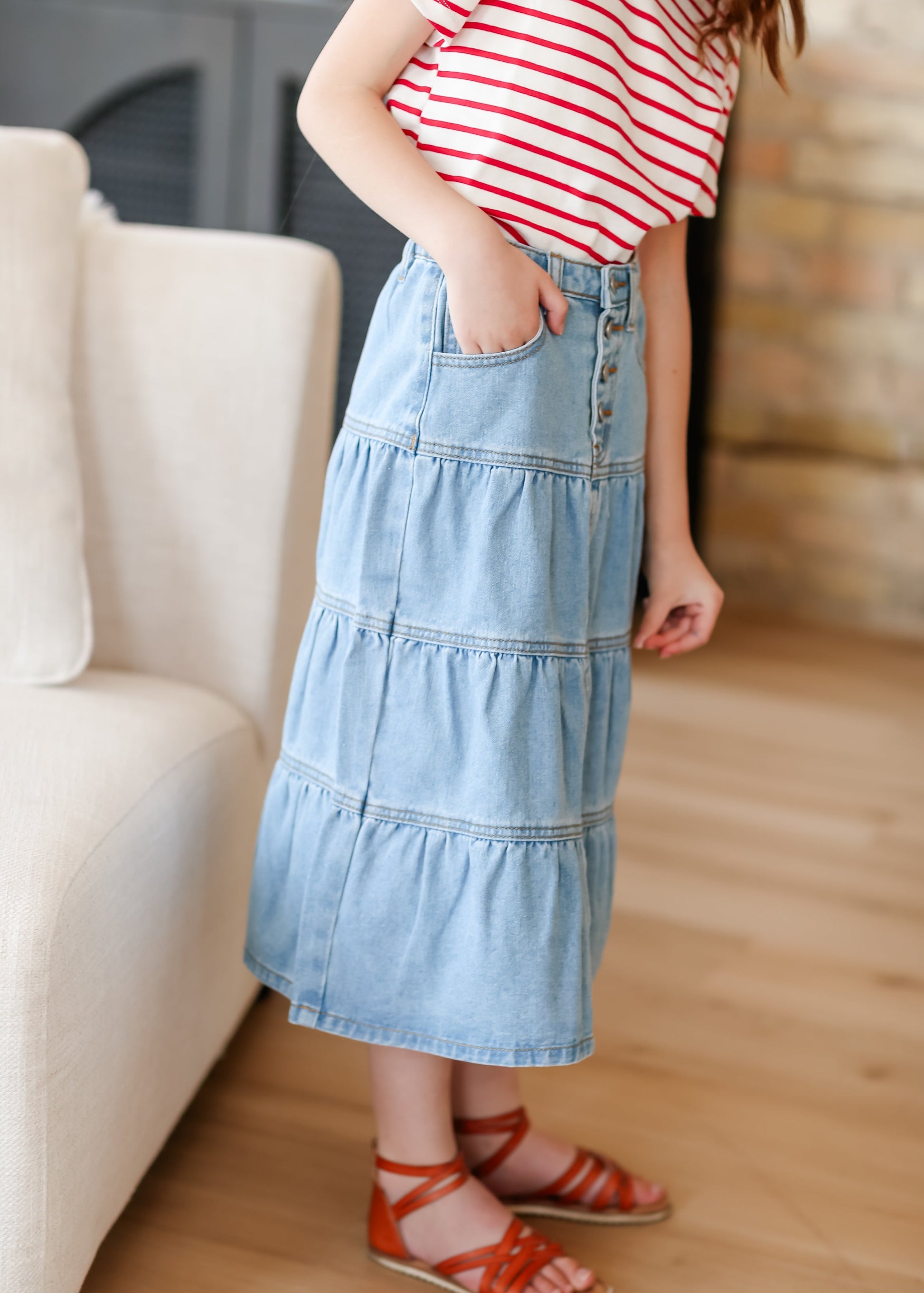 Girl's Button Fly Tiered Denim Skirt FF Girls