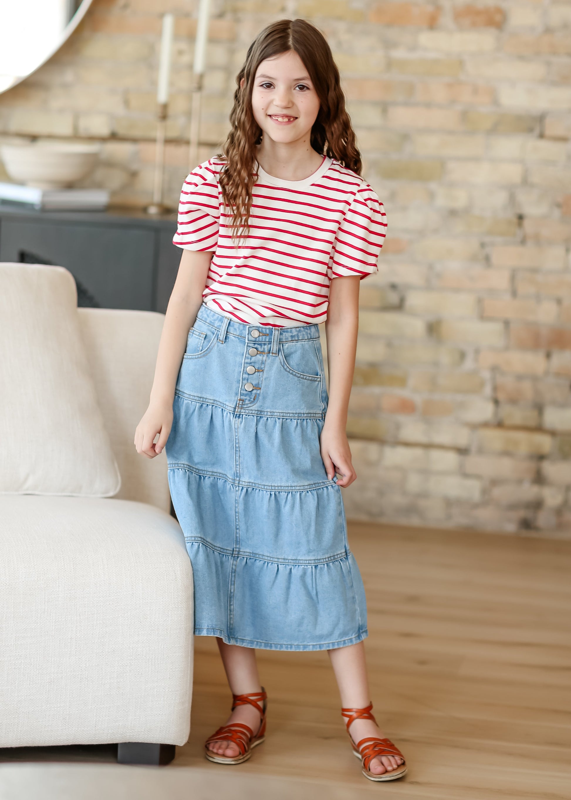 Girl's Button Fly Tiered Denim Skirt FF Girls