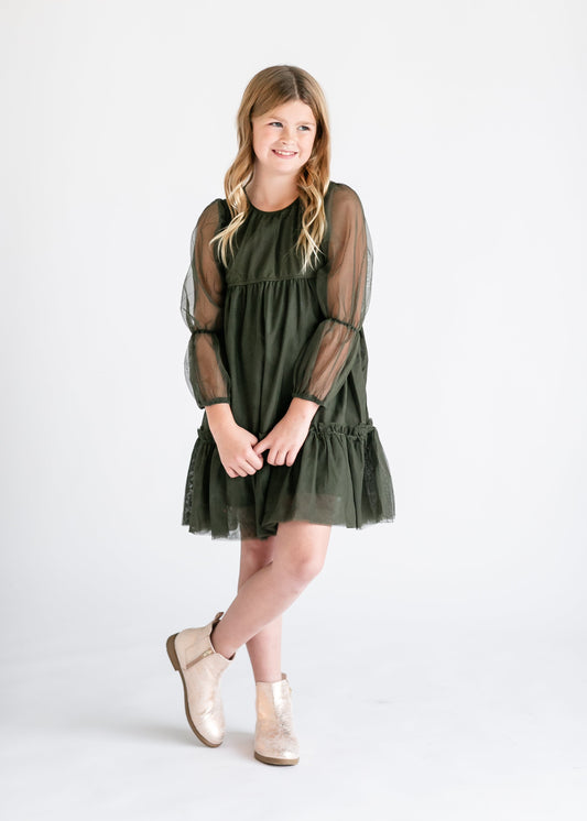 Girl's Cinched Puff Sleeve Tull Dress FF Girls