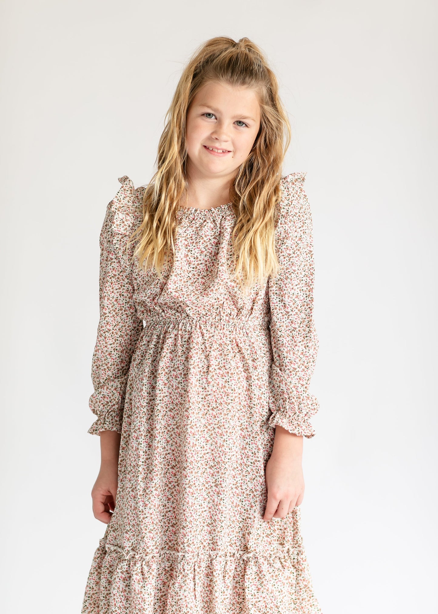 Girl's Ditsy Floral Ruffle Neck Dress FF Girls