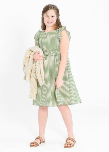 Girl's Linen Feel Striped Ruffled Dress FF Dresses
