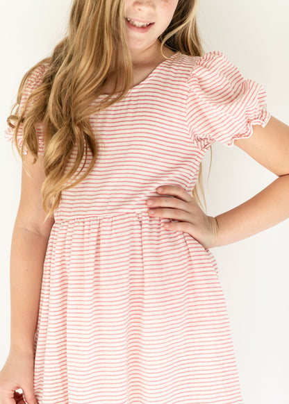 Girl's Pink Striped Short Sleeve Dress FF Girls