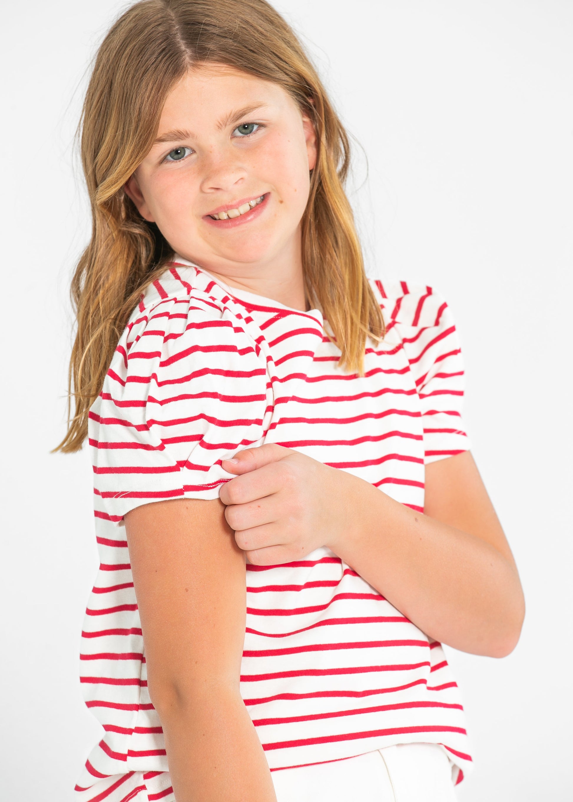 Girl's Pleated Puff Sleeve Strip Knit T-Shirt FF Girls