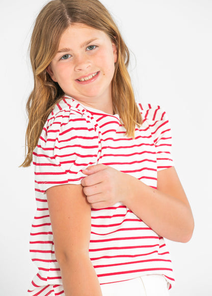 Girl's Pleated Puff Sleeve Strip Knit T-Shirt FF Girls