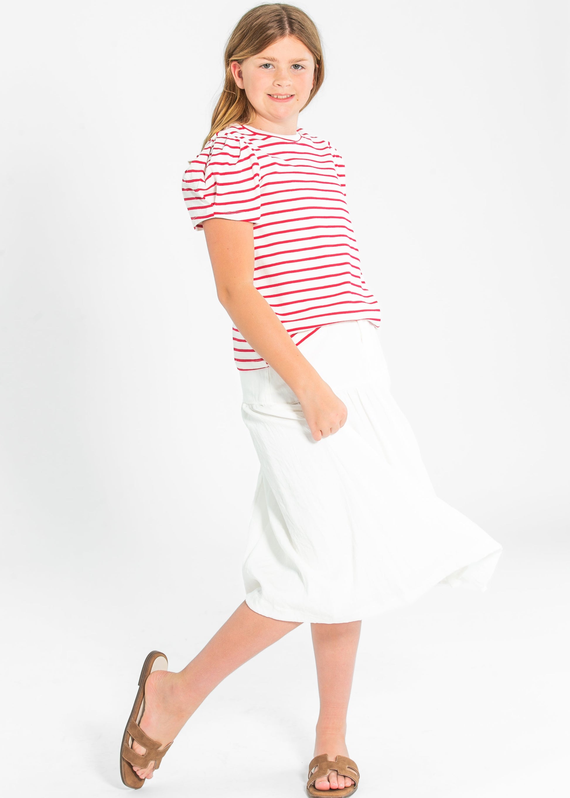 Girl's Pleated Puff Sleeve Strip Knit T-Shirt FF Girls