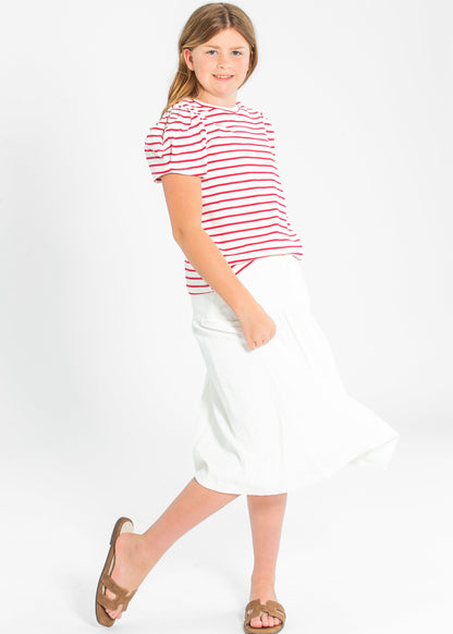 Girl's Pleated Puff Sleeve Strip Knit T-Shirt FF Girls