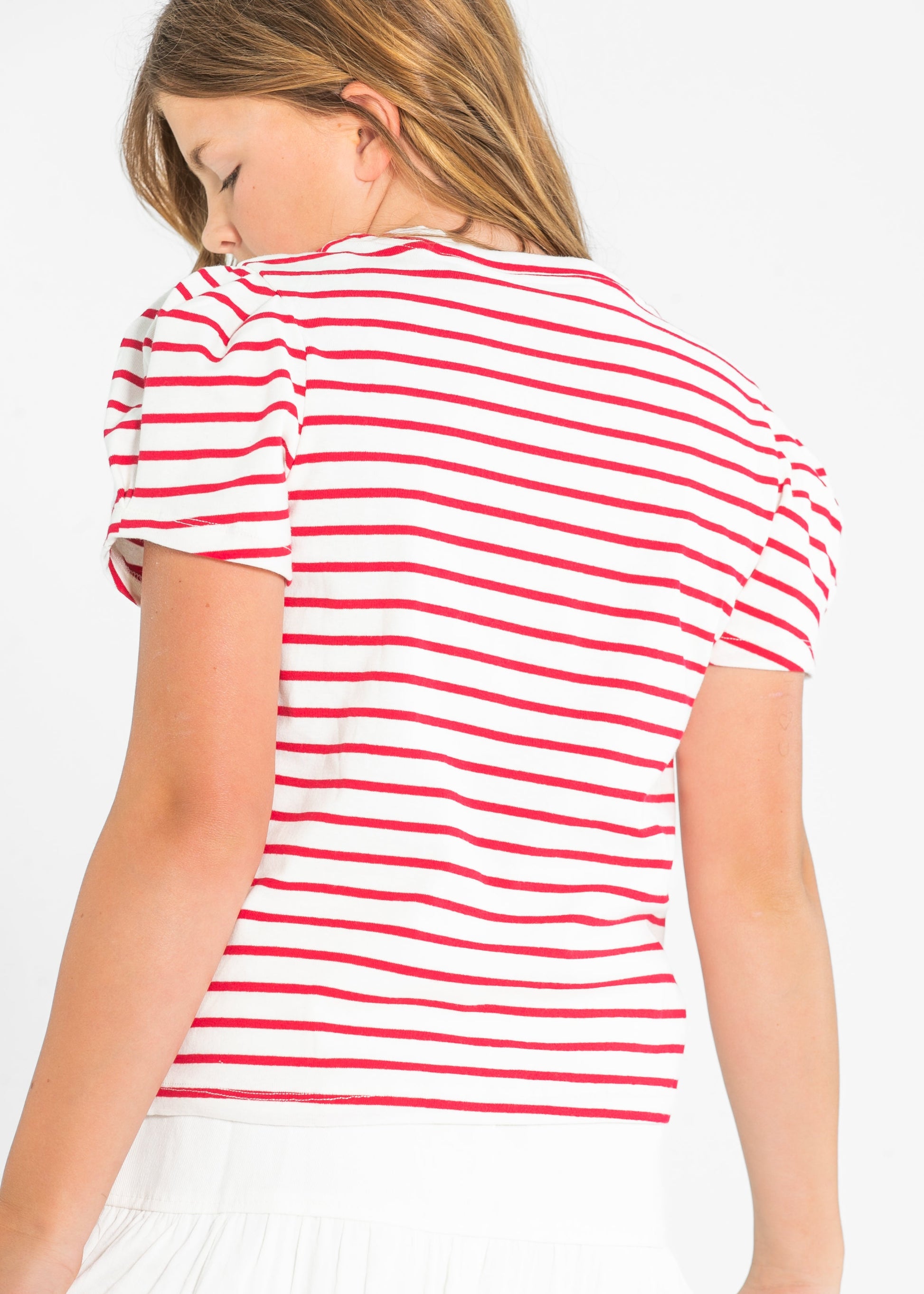 Girl's Pleated Puff Sleeve Strip Knit T-Shirt FF Girls