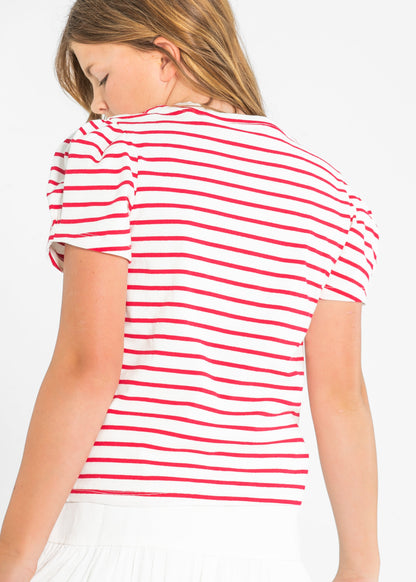 Girl's Pleated Puff Sleeve Strip Knit T-Shirt FF Girls