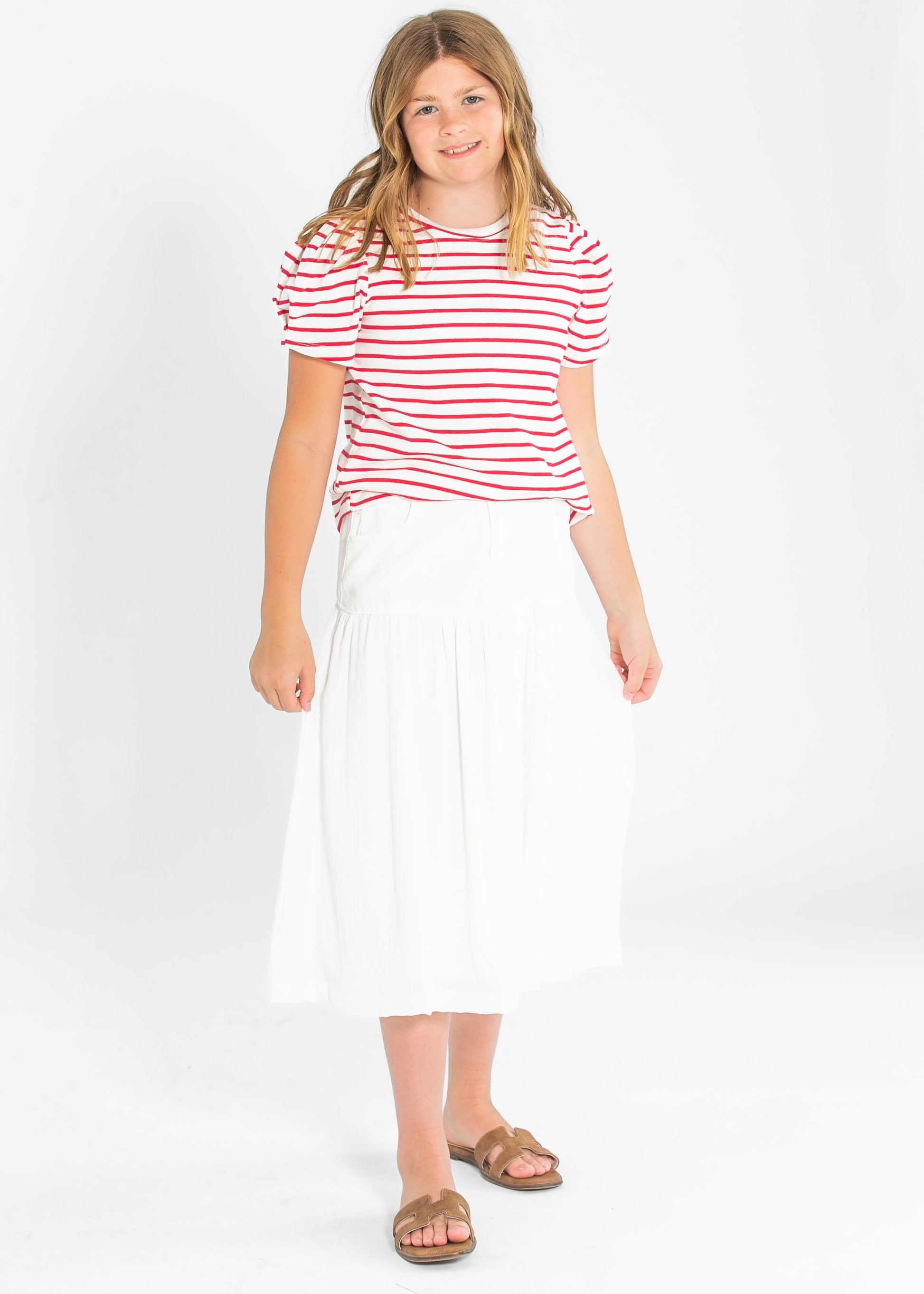 Girl's Pleated Puff Sleeve Strip Knit T-Shirt FF Girls