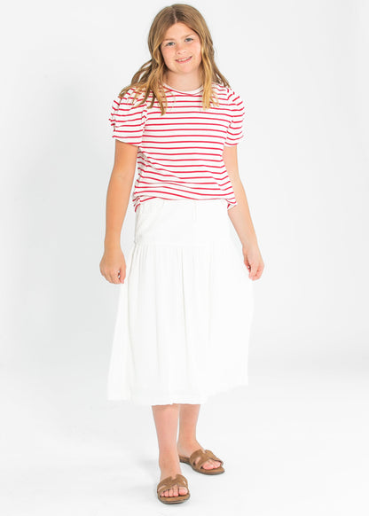Girl's Pleated Puff Sleeve Strip Knit T-Shirt FF Girls