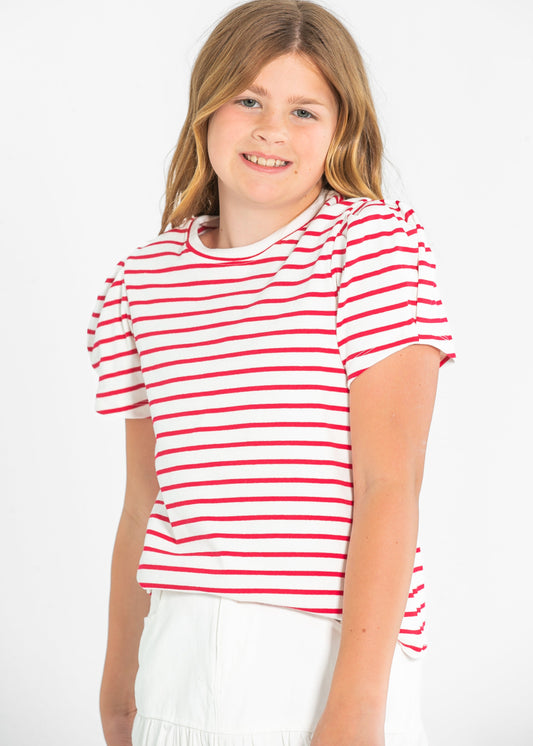Girl's Pleated Puff Sleeve Strip Knit T-Shirt FF Girls