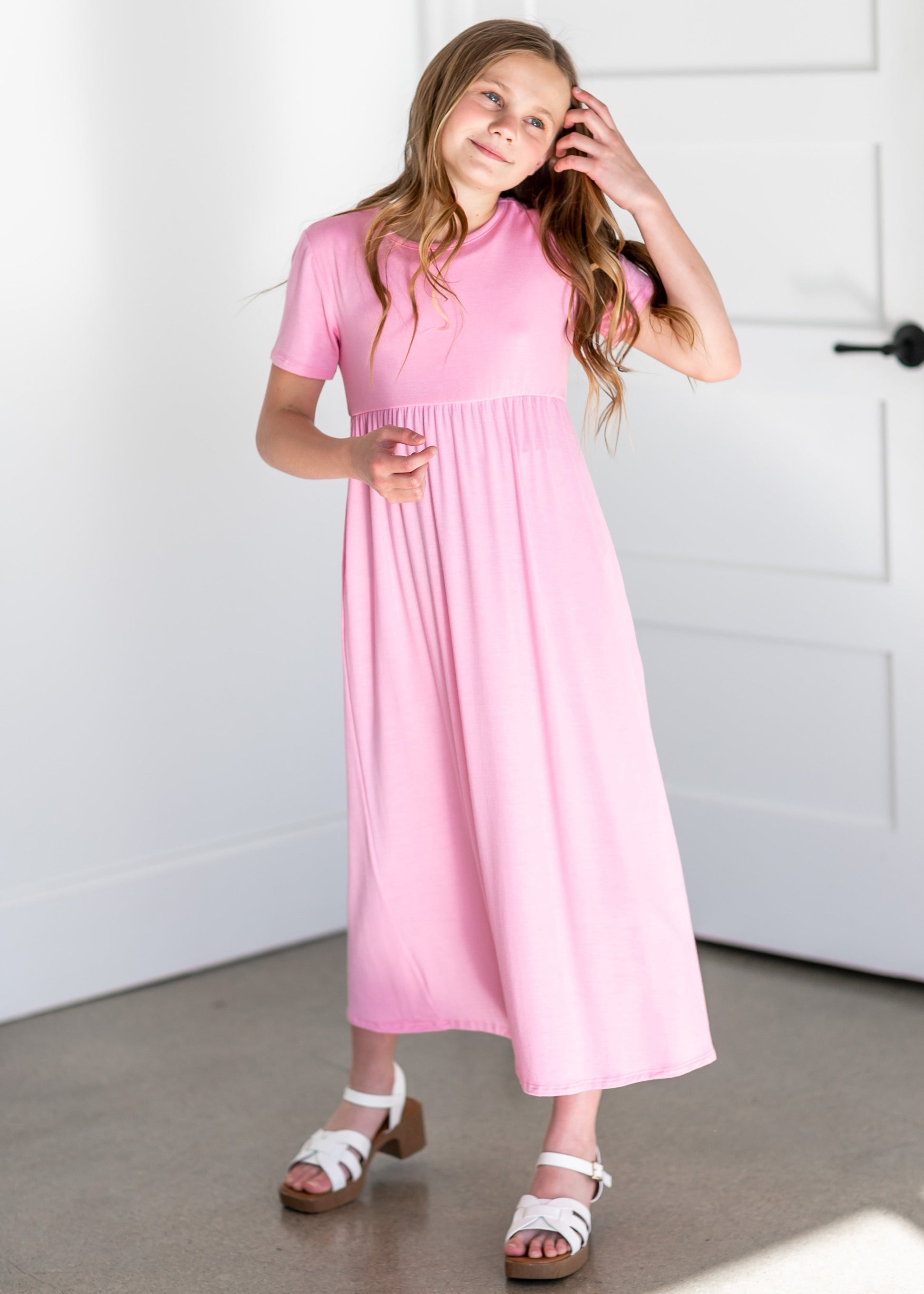 Girl's Short Sleeve Empire Waist Maxi Dress Girls Pink / XS