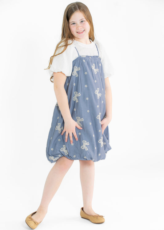 Girls Contrast Bow Stitched Square Neck Ruffle Dress FF Girls