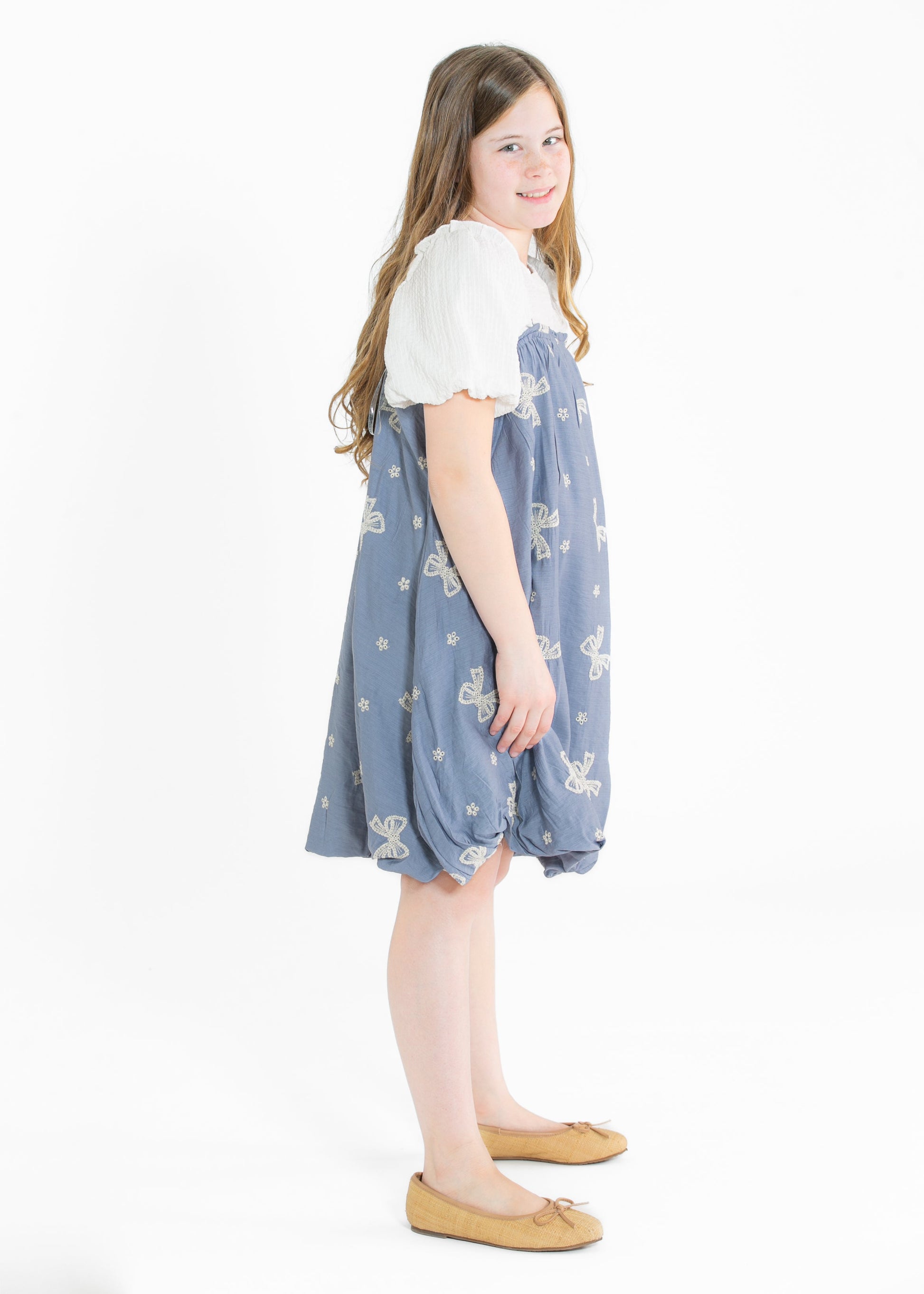 Girls Contrast Bow Stitched Square Neck Ruffle Dress FF Girls