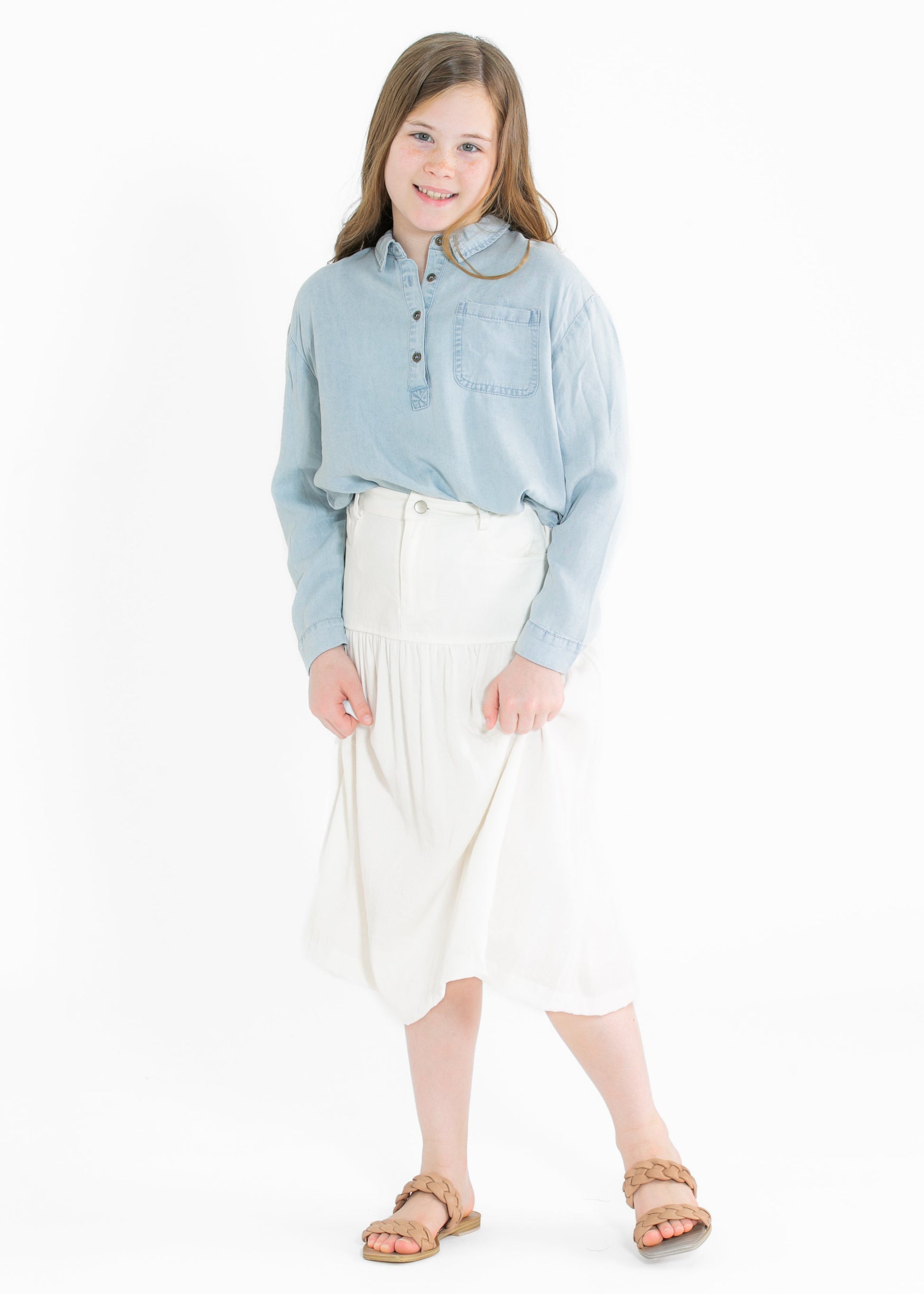 Girls Long Sleeve Chest Pocket Tencel Polo Shirt FF Girls