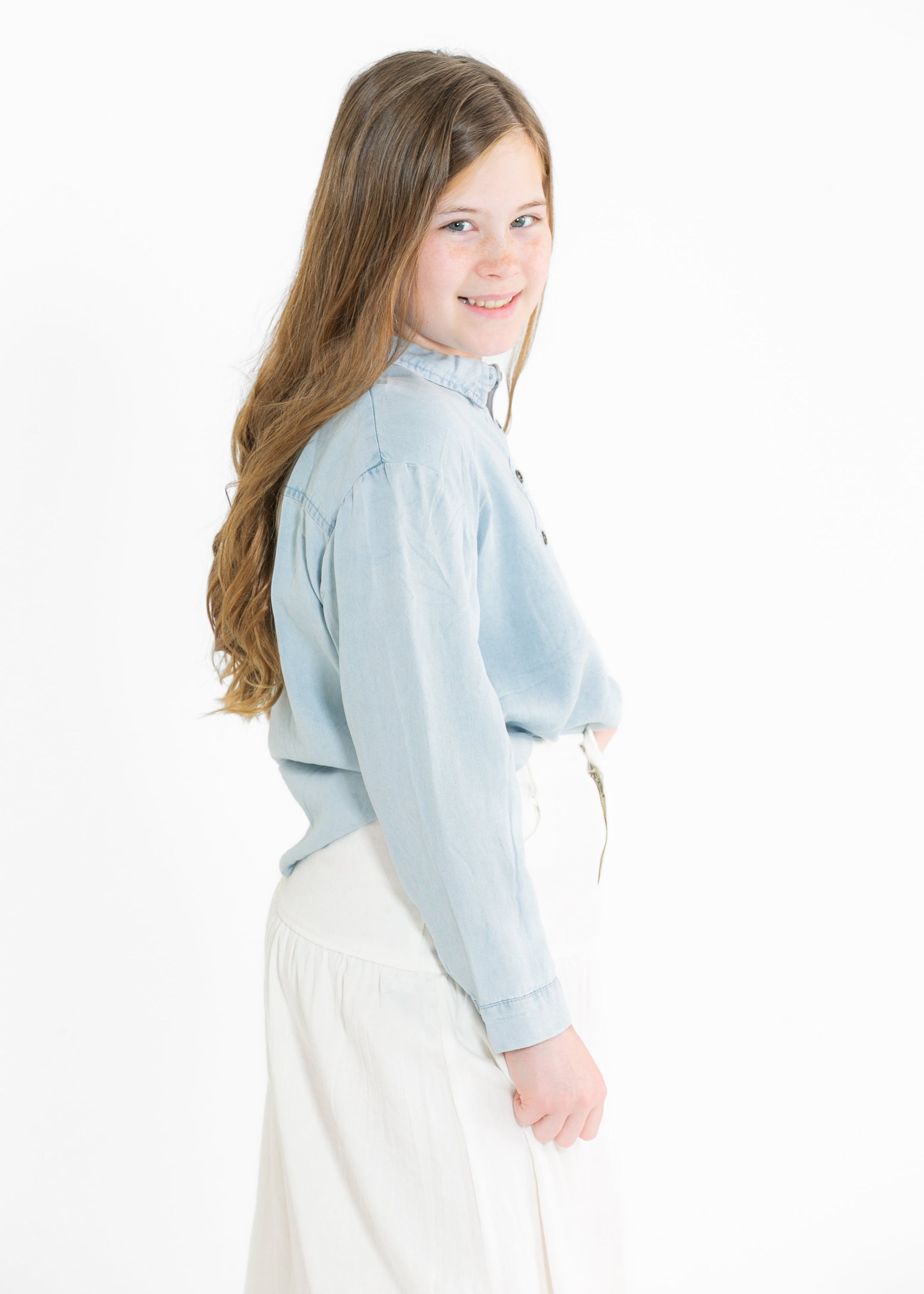 Girls Long Sleeve Chest Pocket Tencel Polo Shirt FF Girls