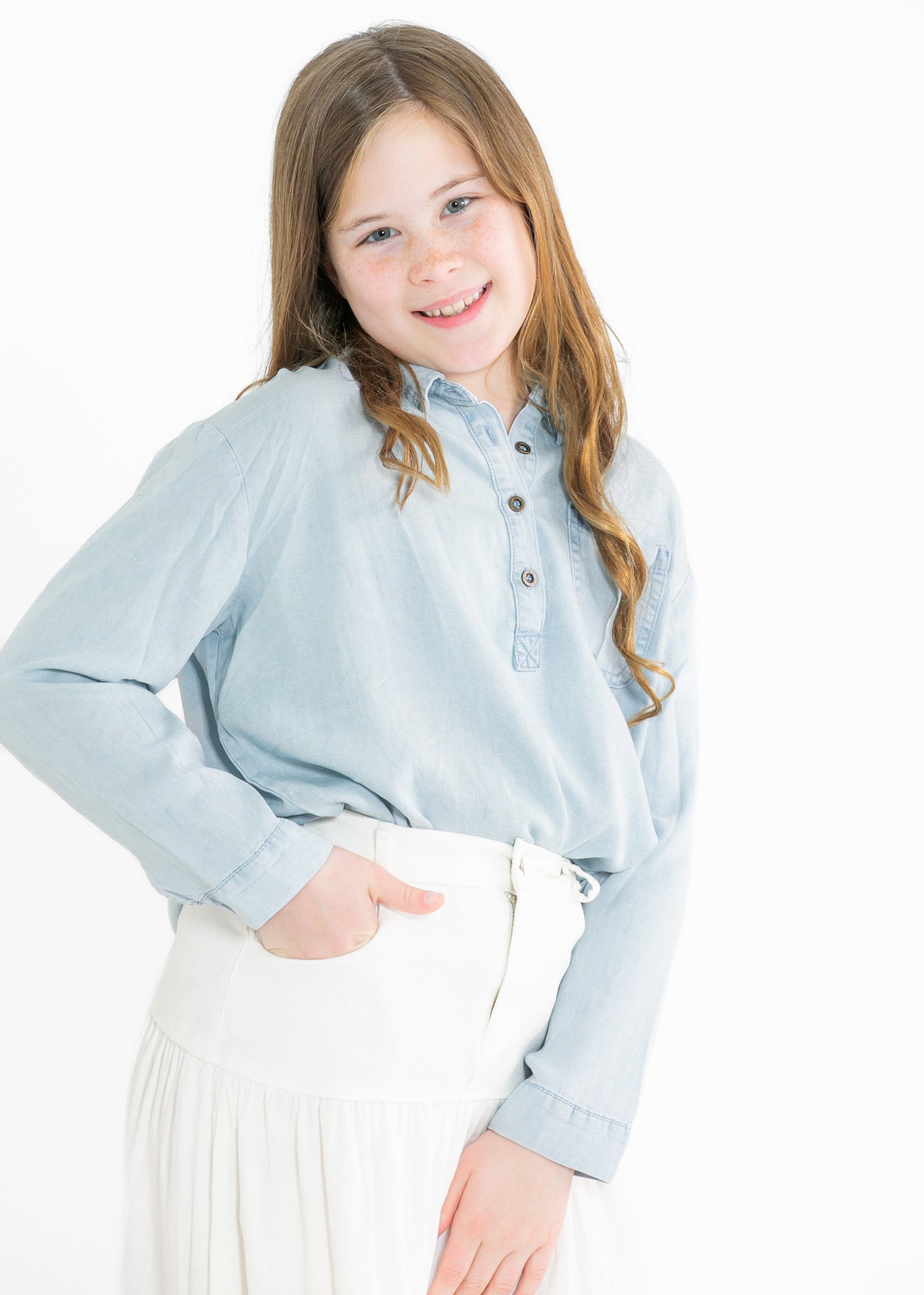 Girls Long Sleeve Chest Pocket Tencel Polo Shirt FF Girls