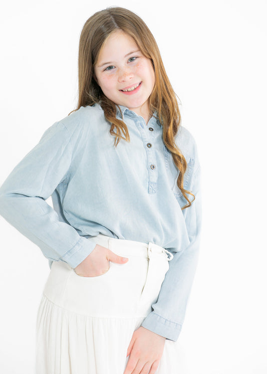Girls Long Sleeve Chest Pocket Tencel Polo Shirt FF Girls