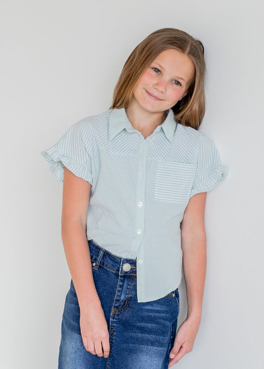 Girls Multi Stripe Green Button Down Top - FINAL SALE FF Girls