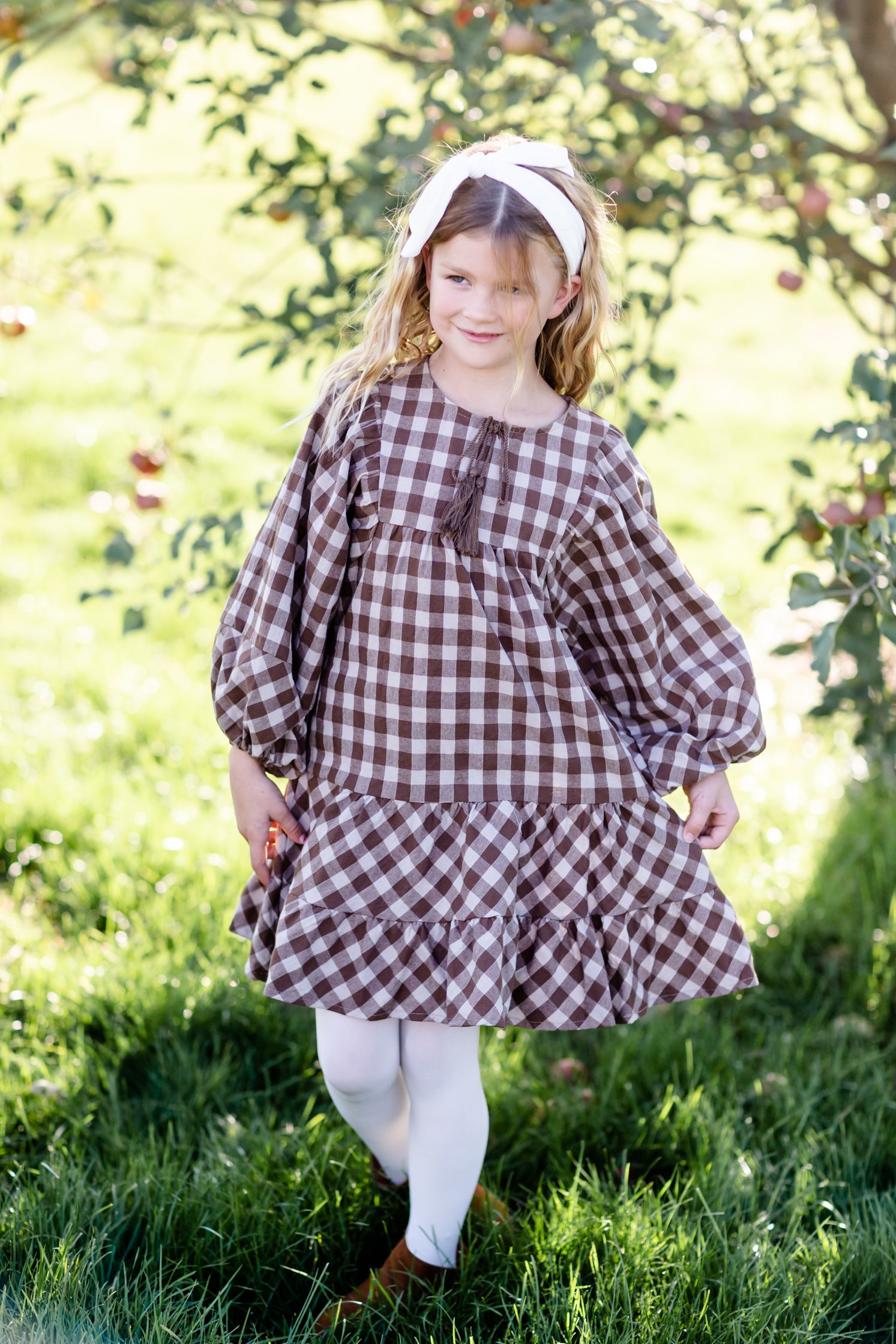 Girls Puff Sleeve Tie Neck Gingham Midi Dress - FINAL SALE FF Girls