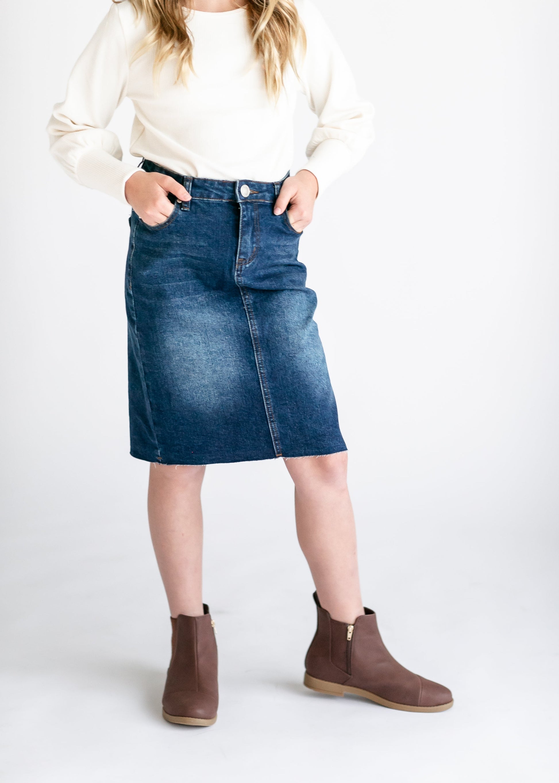 Girls Remi Raw Hem Denim Midi Skirt IC Girls