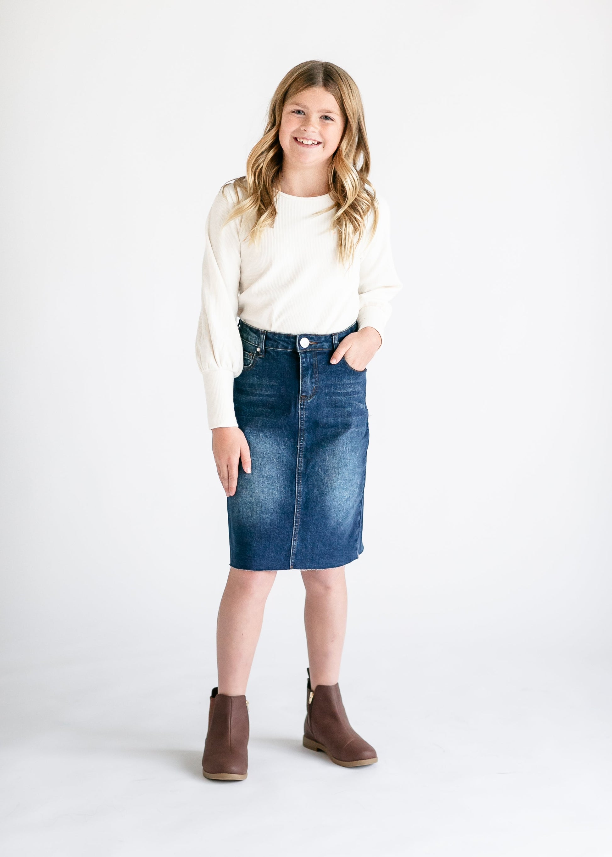 Girls Remi Raw Hem Denim Midi Skirt FINAL SALE – Inherit