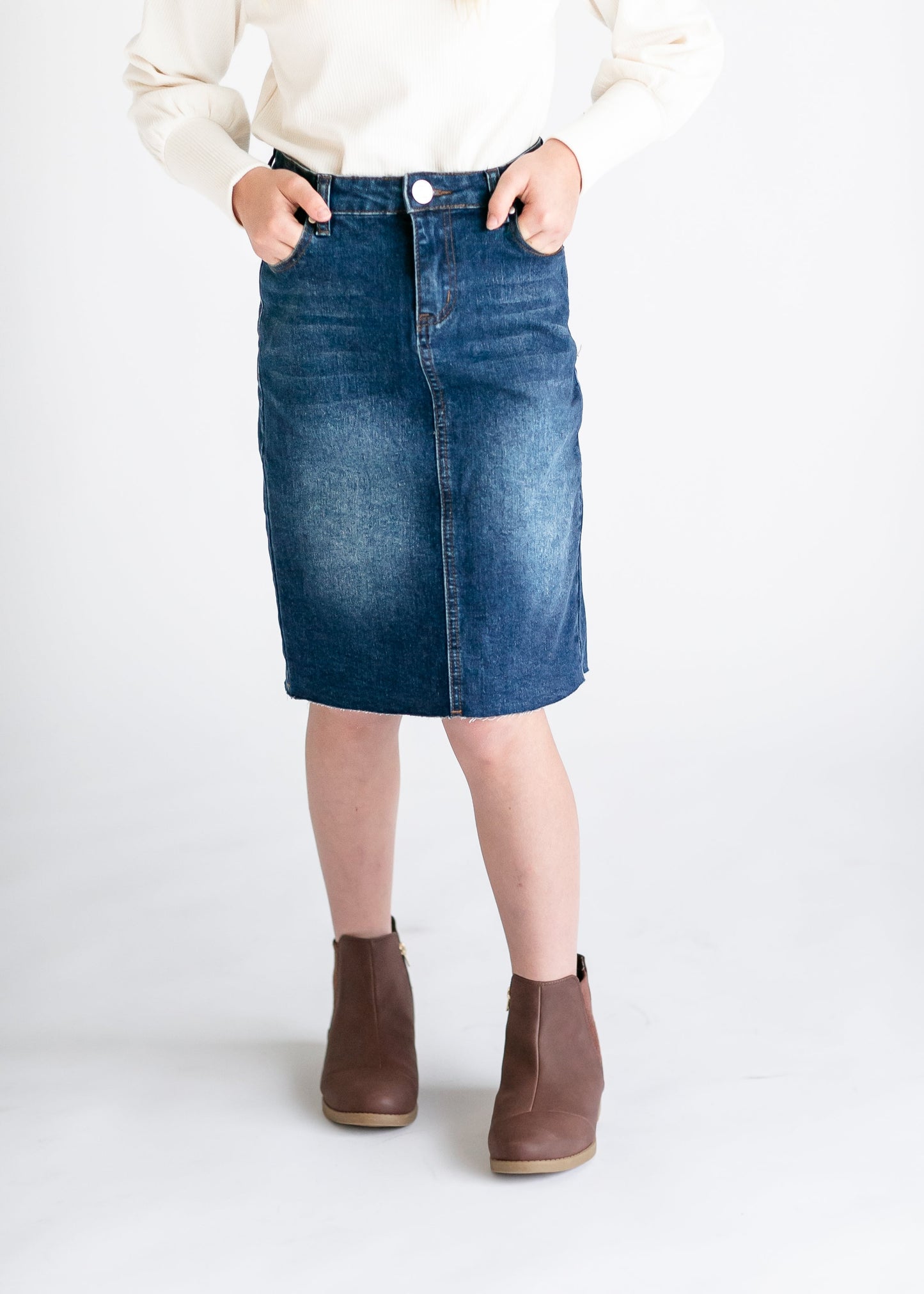 Girls Remi Raw Hem Denim Midi Skirt IC Girls