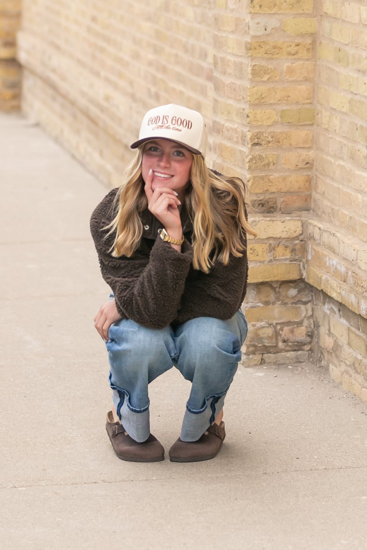 GOD IS GOOD Beige and Brown Trucker Hat with Embroidery God is Good Trucker Hat – Revival Cloth & Co main image 3