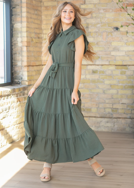 Goldie Green Short Sleeved Tiered Maxi Dress FF Dresses