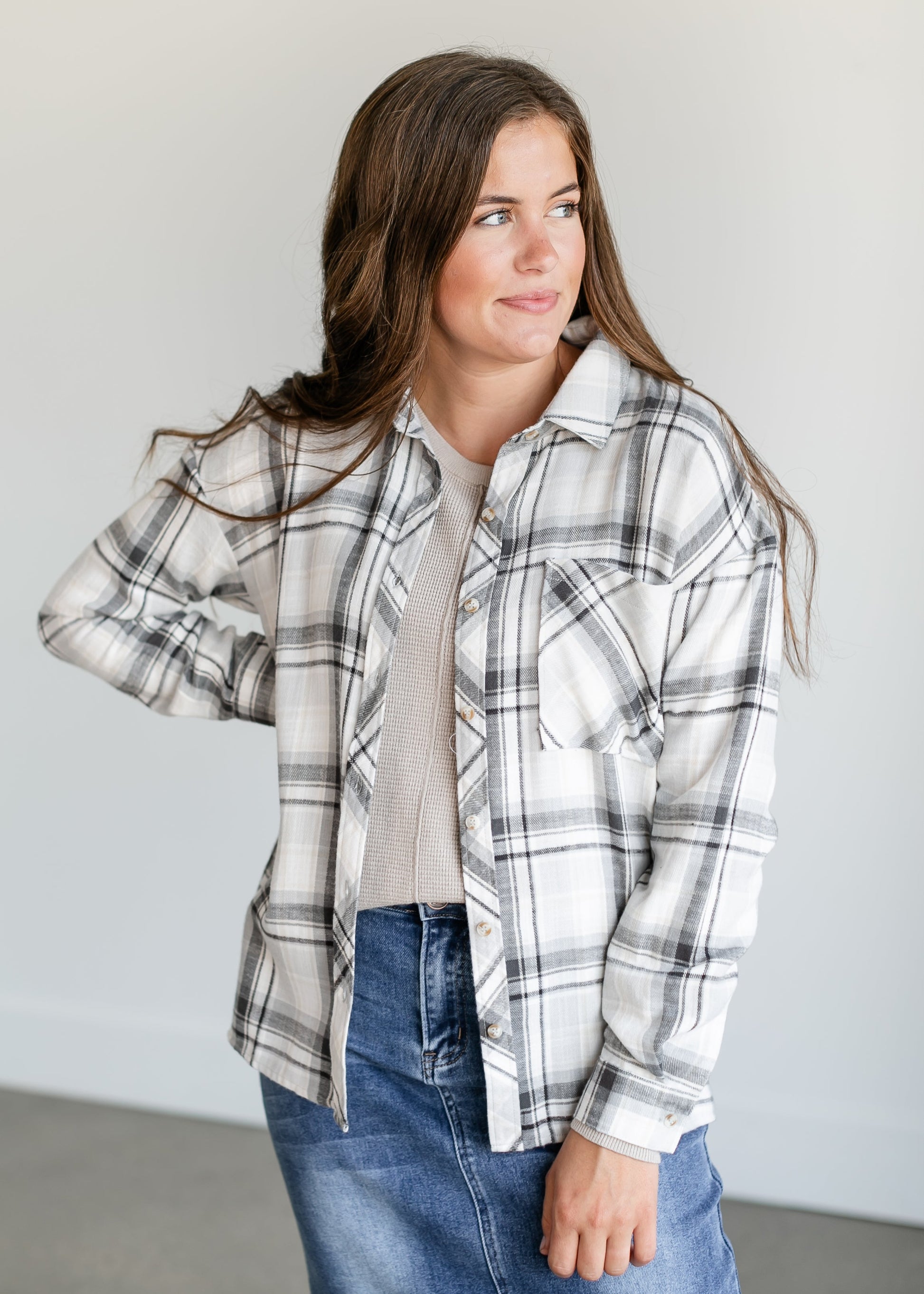 Gray Plaid Button Up Top FF Tops