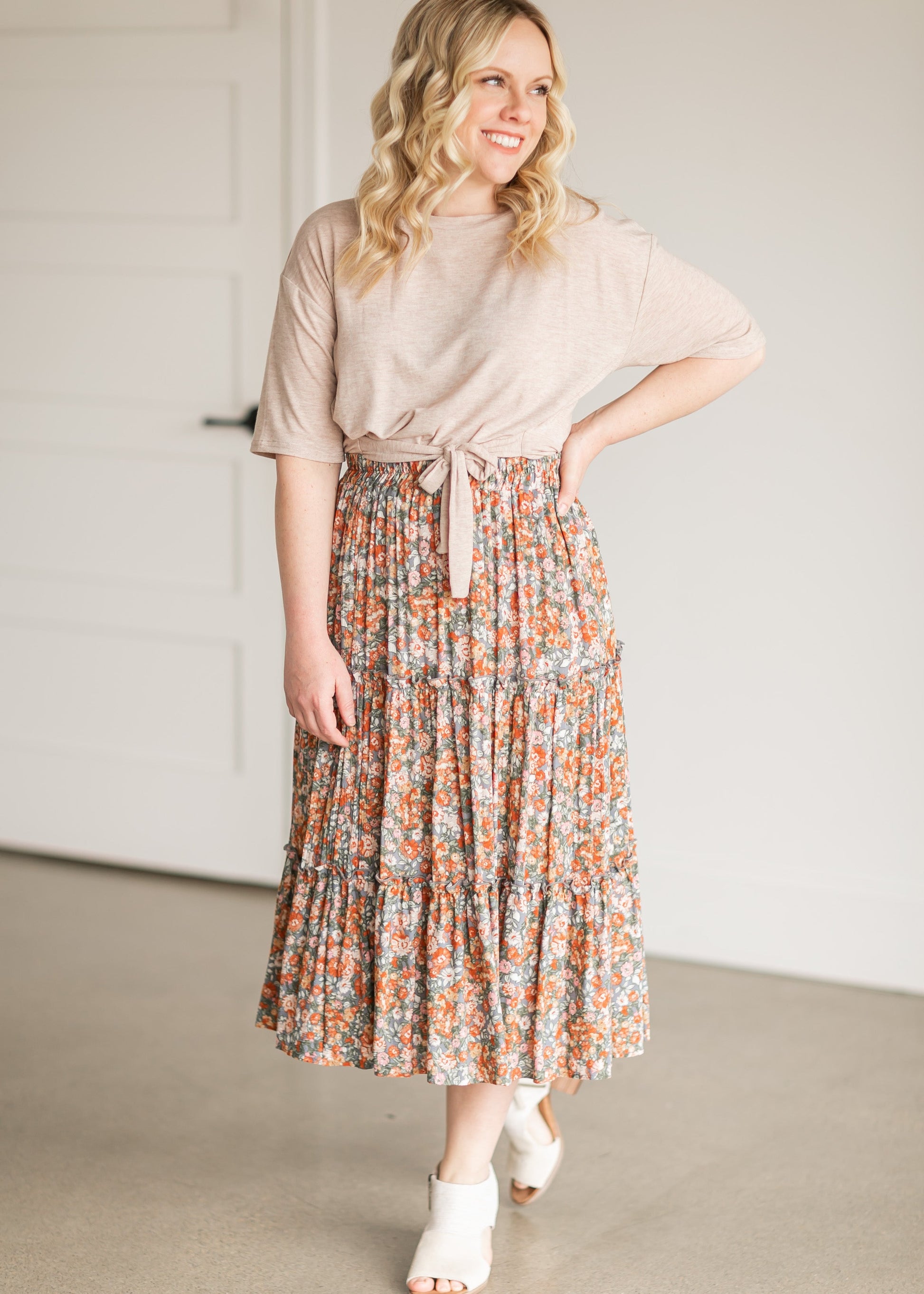Gray Pull On Floral Tiered Midi Skirt IC Skirts