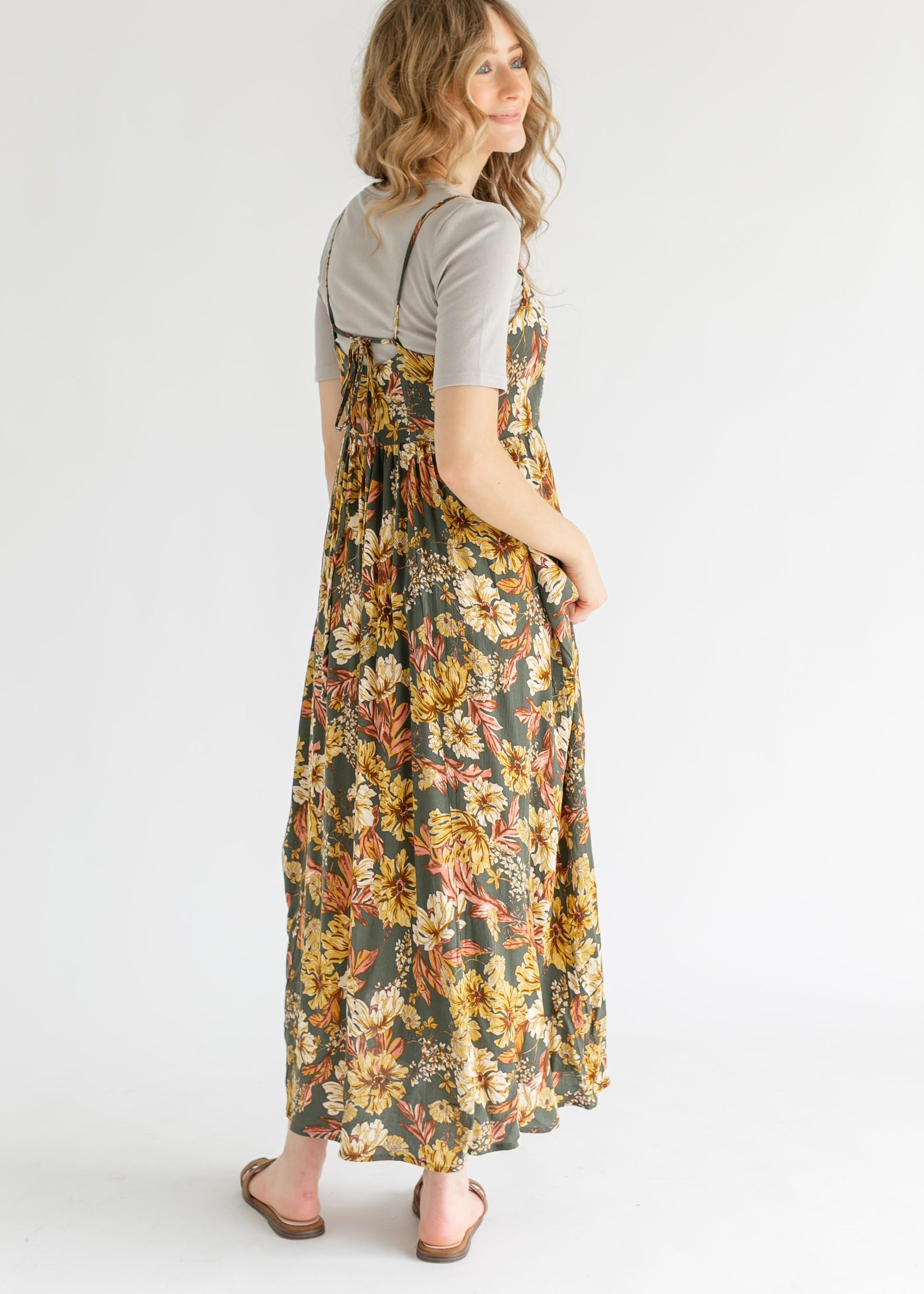Green Floral Tie Back Maxi Dress FF Dresses