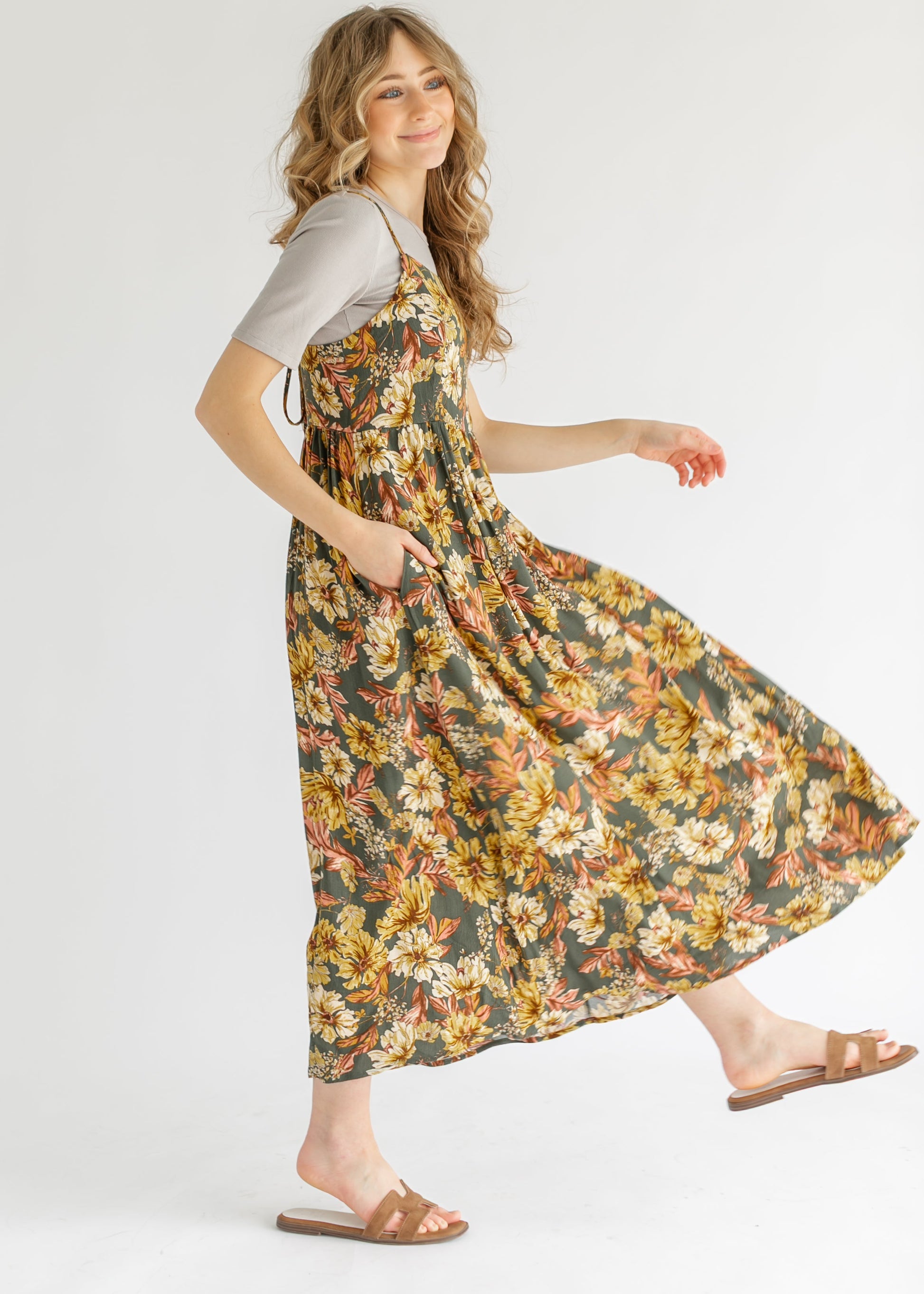 Green Floral Tie Back Maxi Dress FF Dresses