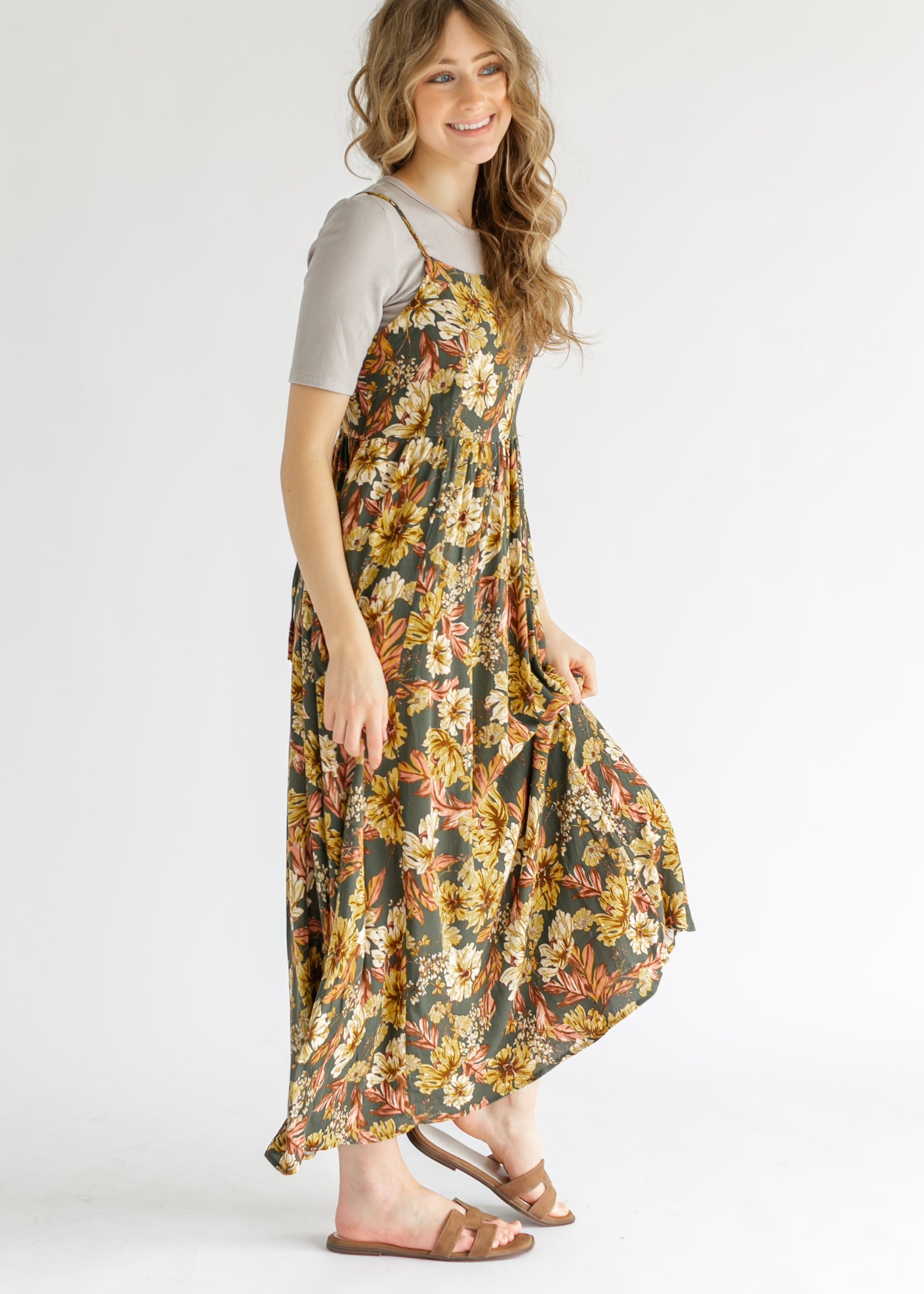 Green Floral Tie Back Maxi Dress FF Dresses